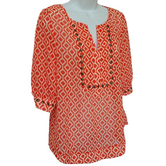 41 Hawthorn Stitch Fix Geometric Print Top Pintuck Pleat Studded Size M Orange - Picture 1 of 13